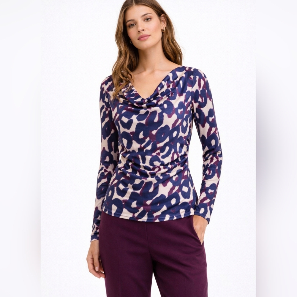 Tahari ASL Womens Cowl Neck Blouse XL Plum Leopard Petite Draped Top Work